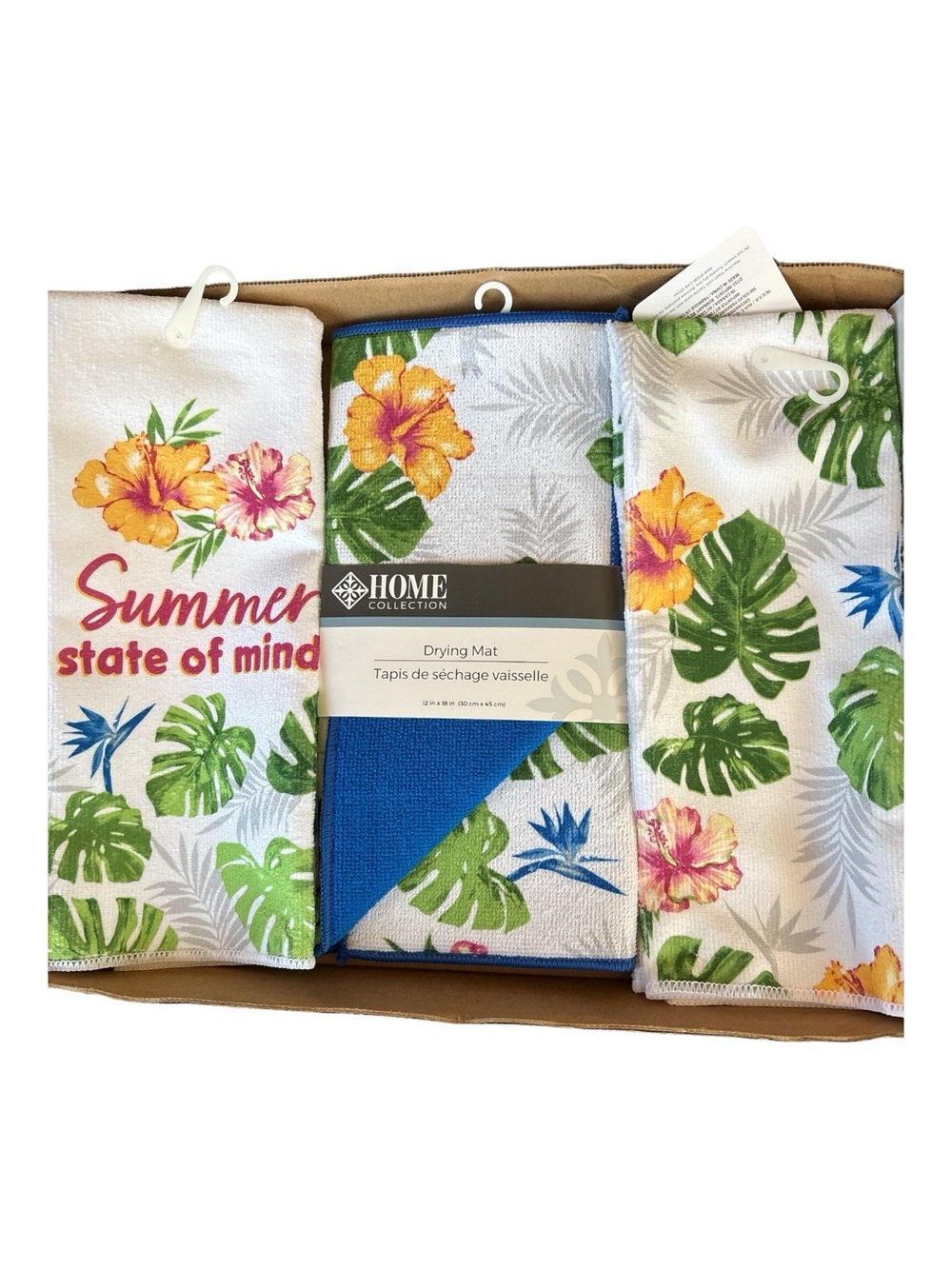 Tropical Summer Dish Drying Mat and Towels - White/Green/Blue